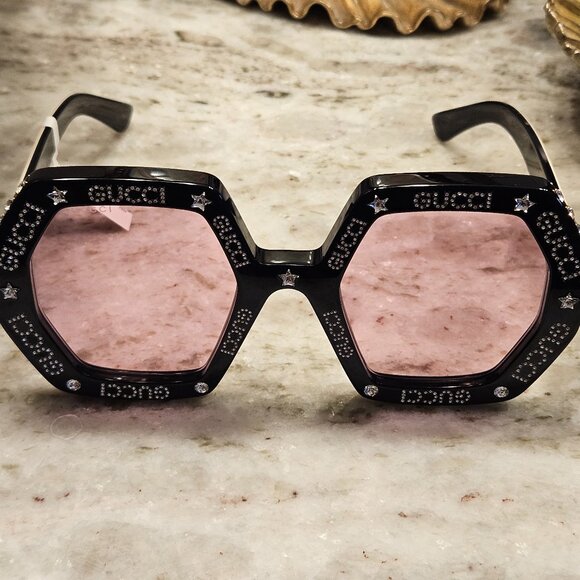 RARE HOLLYWOOD FOREVER GUCCI BLACK CRYSTAL ITALY GEOMETRIC OVERSIZED SUNGLASSES - Picture 2 of 8